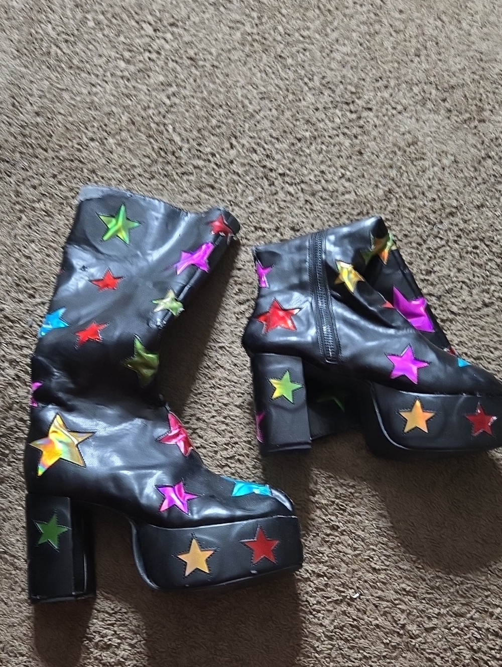 Dolls Kill Black Platform Heeled Boots with Multicolor Star Accents